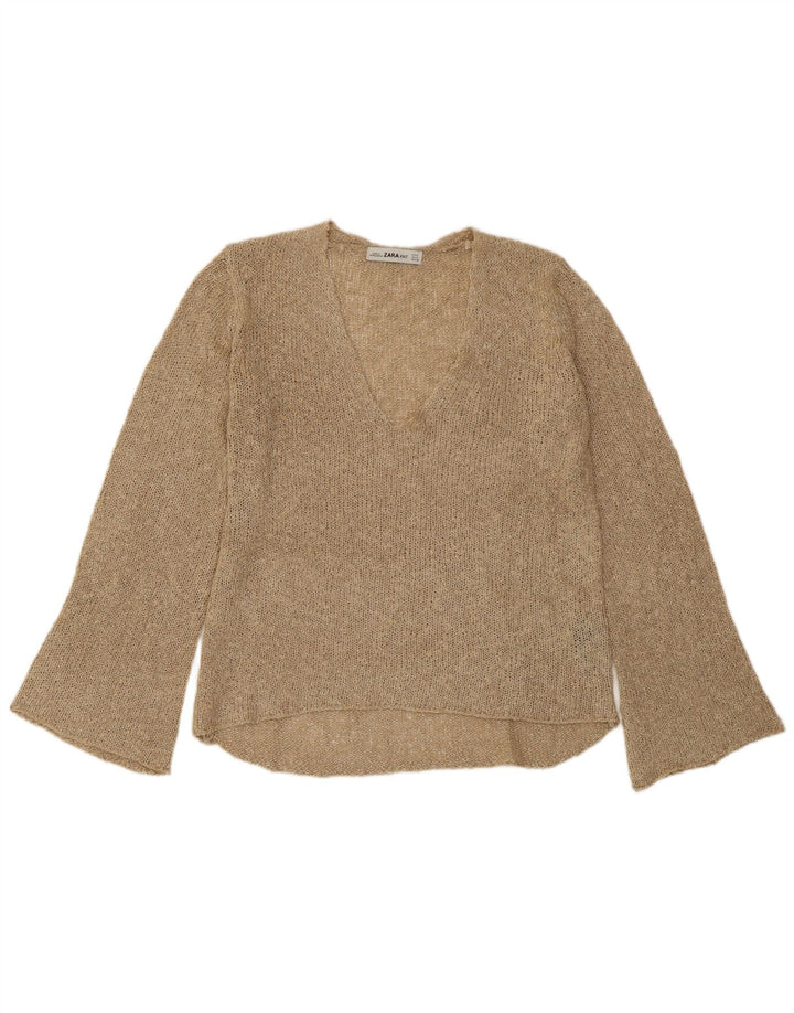 ZARA Womens V-Neck Jumper Sweater UK 10 Small Beige Acrylic