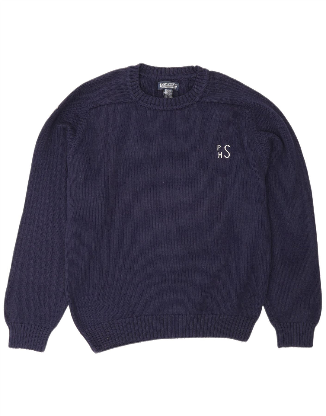 Lands End Mens Crew Neck Jumper Sweater Medium Navy Blue Wool