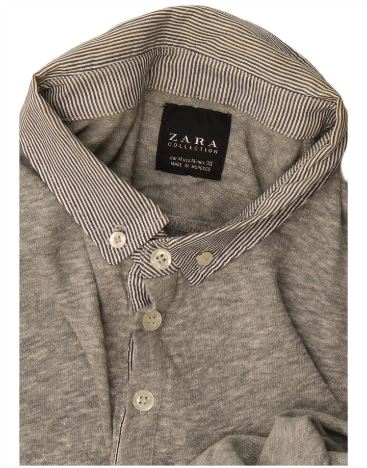 Zara Mens Long Sleeve Polo Shirt Medium Grey Flecked