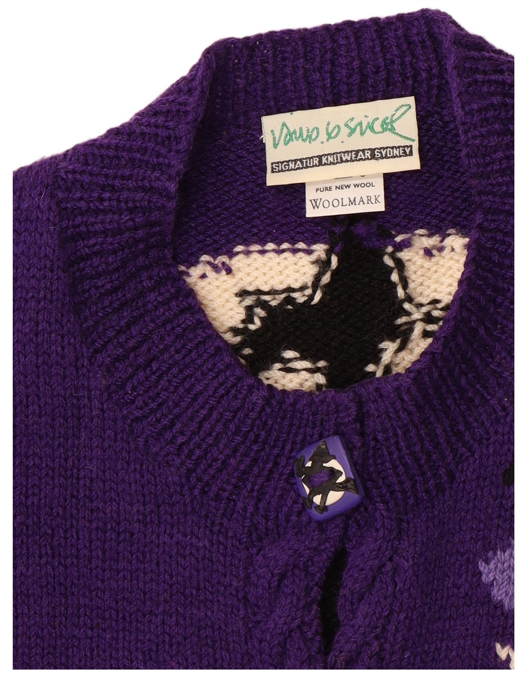 VINTAGE Womens Graphic Cardigan Sweater UK 20 2XL Purple Colourblock Wool