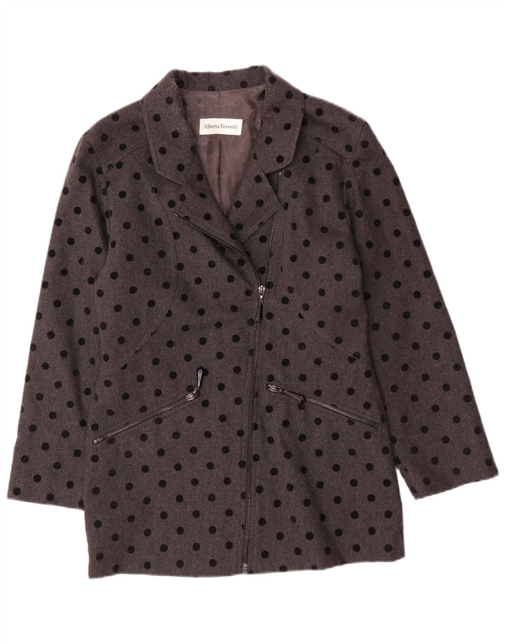 ALBERTA FERRETTI Womens Overcoat UK 8 Small Grey Polka Dot Wool