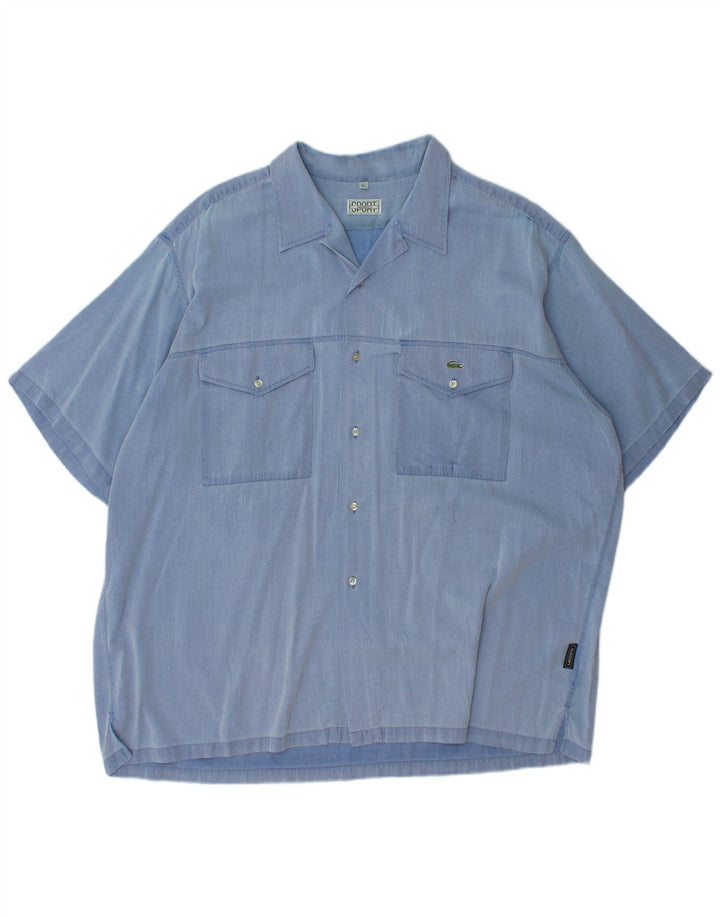 LACOSTE Mens Short Sleeve Shirt Size 45 XL Blue Pinstripe Cotton