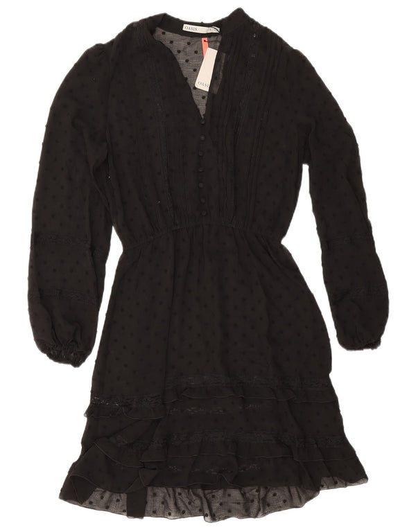 Oasis Womens Long Sleeve Tiered Dress UK 8 Small Black Spotted
