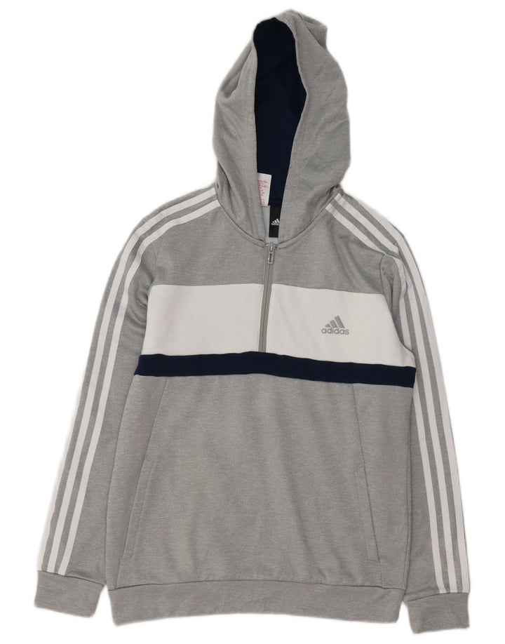 ADIDAS Boys Zip Neck Hoodie Jumper 13-14 Years Grey Colourblock Polyester