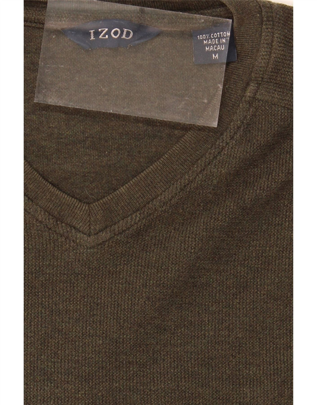 IZOD Mens V-Neck Jumper Sweater Medium Khaki Striped Cotton Vintage Izod and Second-Hand Izod from Messina Hembry 