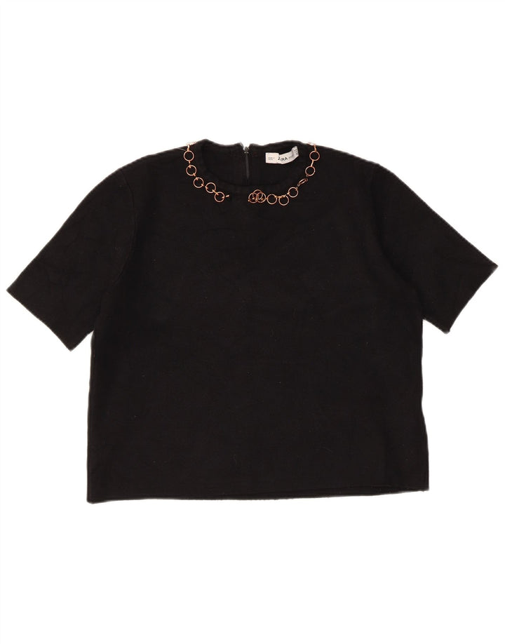 Zara Womens Crop Blouse Top UK 12 Medium Black Viscose