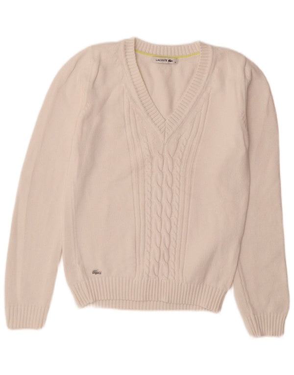 Lacoste Womens V-Neck Jumper Sweater Size 36 Small White Cotton