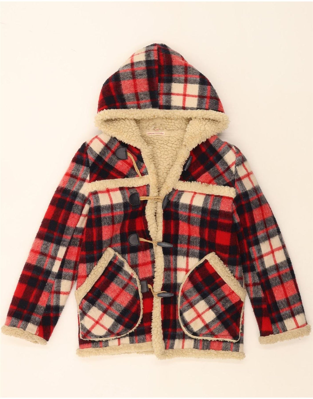 SIMONE Girls Hooded Sherpa Duffle Jacket 9-10 Years Red Check