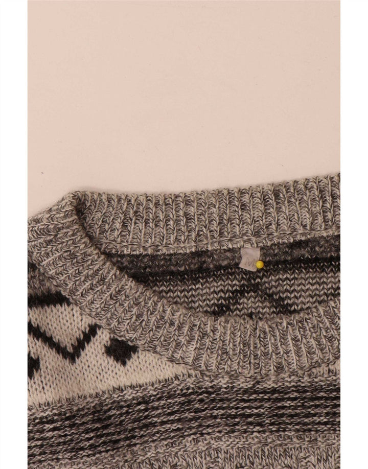 Vintage Mens Crew Neck Jumper Sweater Medium Grey Geometric Wool