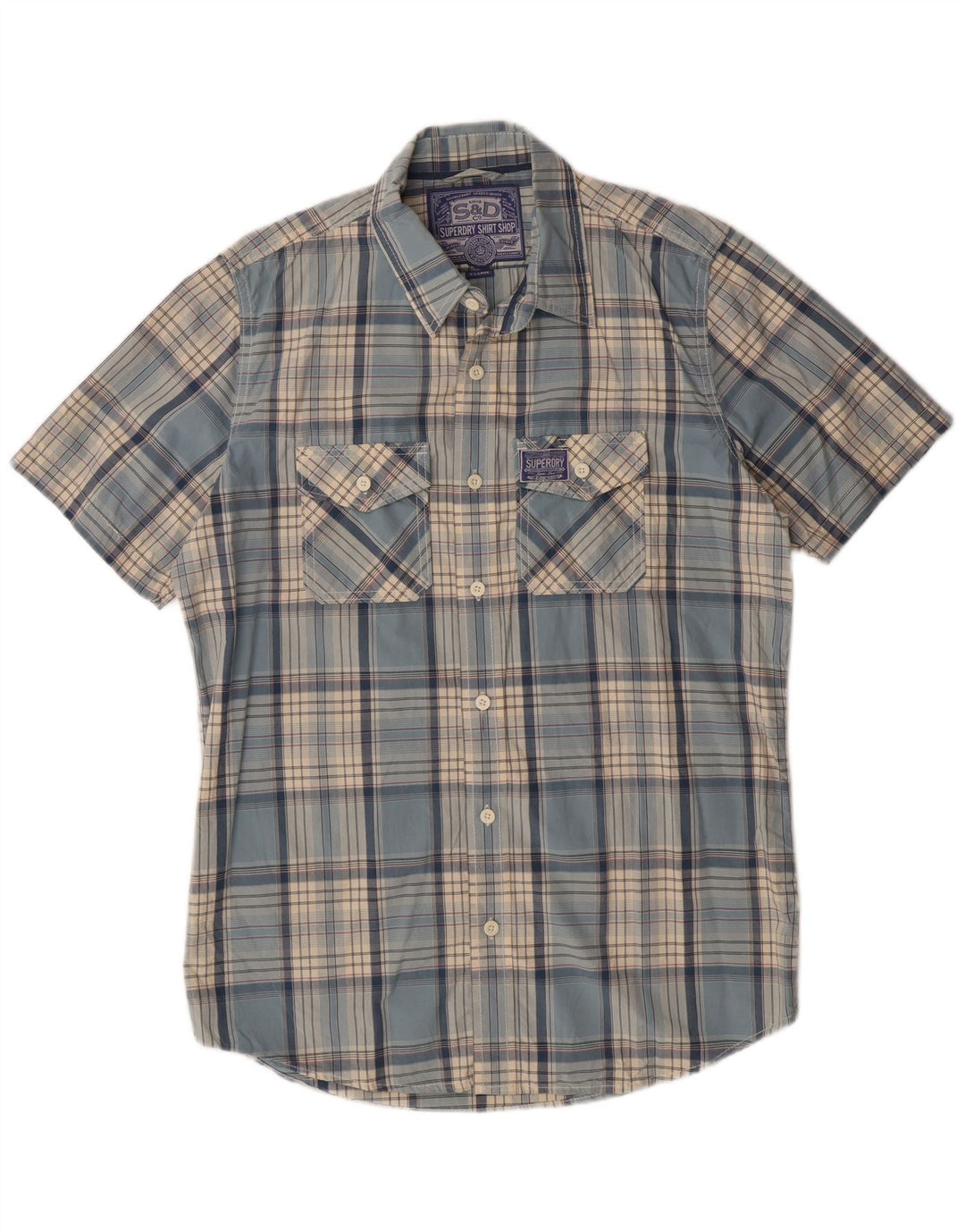 SUPERDRY Mens Short Sleeve Shirt XL Blue Check Cotton