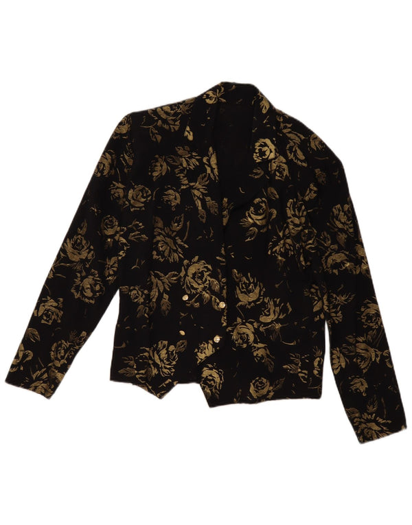 VINTAGE Womens Double Breasted Blazer Jacket EU 36 Small Black Floral