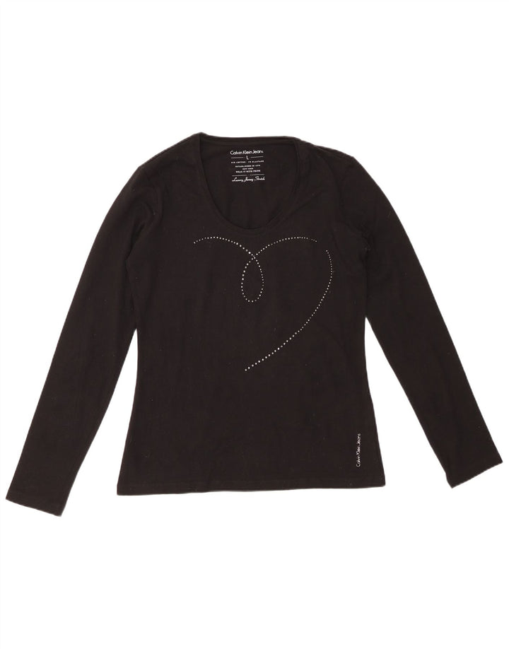 CALVIN KLEIN JEANS Womens Graphic Top Long Sleeve UK 14 Large Black Cotton