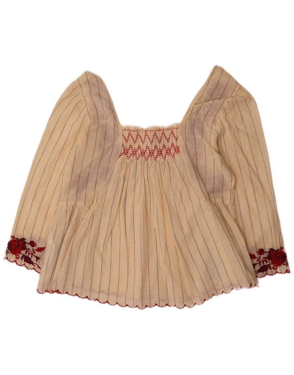 Zara Womens 3/4 Sleeve Blouse Top UK 14 Large Beige Floral Cotton