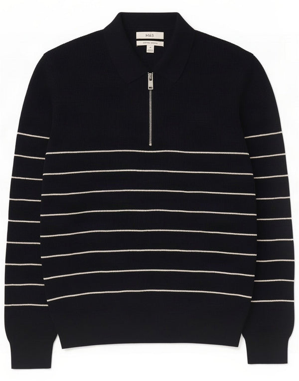 Marks & Spencer Mens Polo Neck Jumper Sweater Medium Navy Blue Striped
