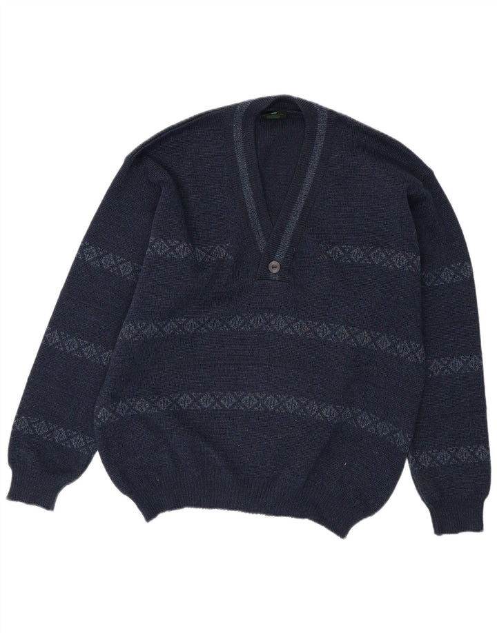 WESTBURY Mens V-Neck Jumper Sweater IT 52/54 Large Navy Blue Striped Wool