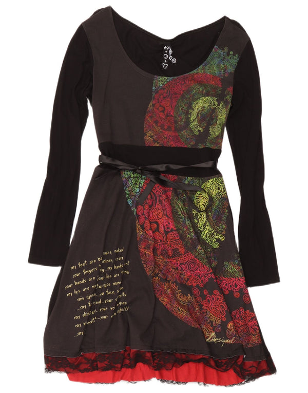 Desigual Womens Graphic Long Sleeve A-Line Dress UK 8 Small Black Paisley