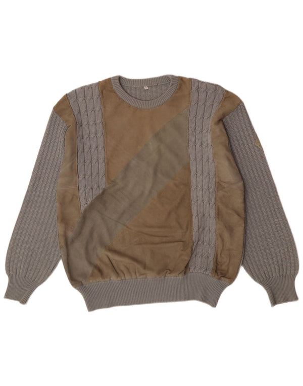 Vintage Mens Crew Neck Jumper Sweater Large Grey Colourblock Wool