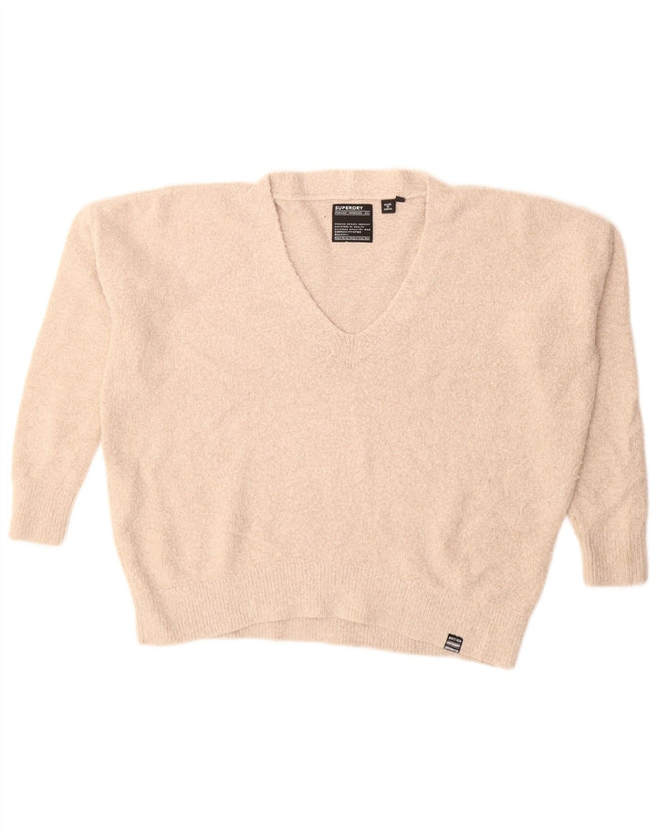 SUPERDRY Womens Oversized V-Neck Jumper Sweater UK 10 Small  Beige Acrylic
