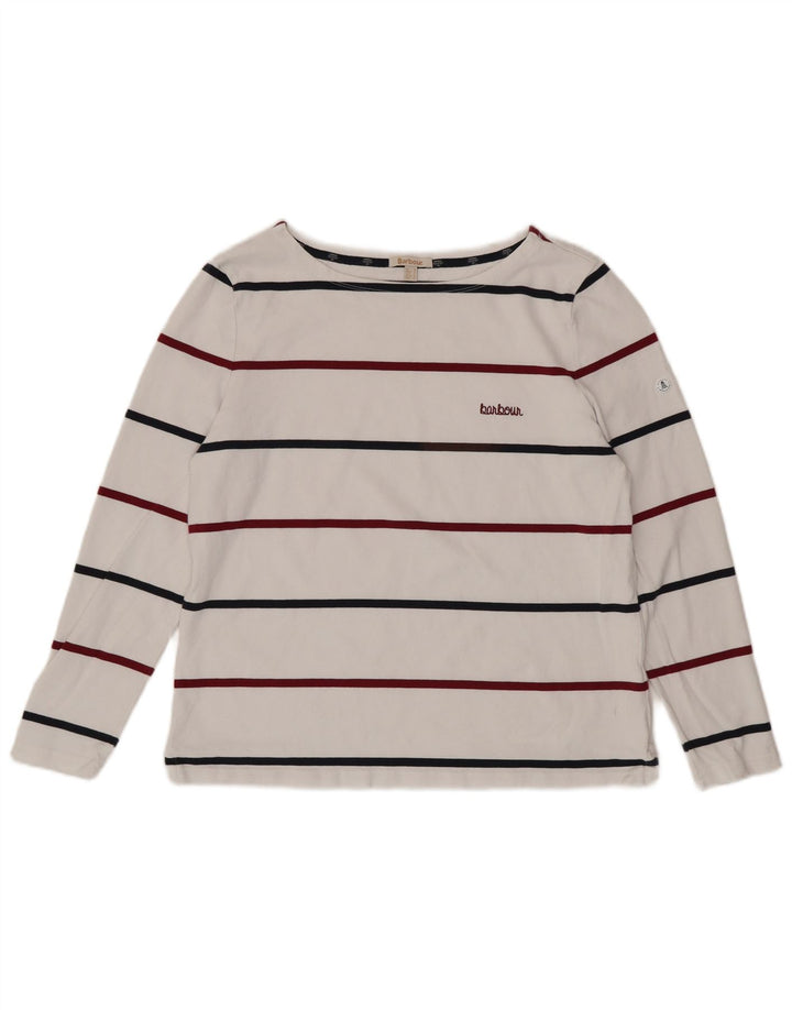 BARBOUR Womens Top Long Sleeve UK 16 Large  White Striped Cotton