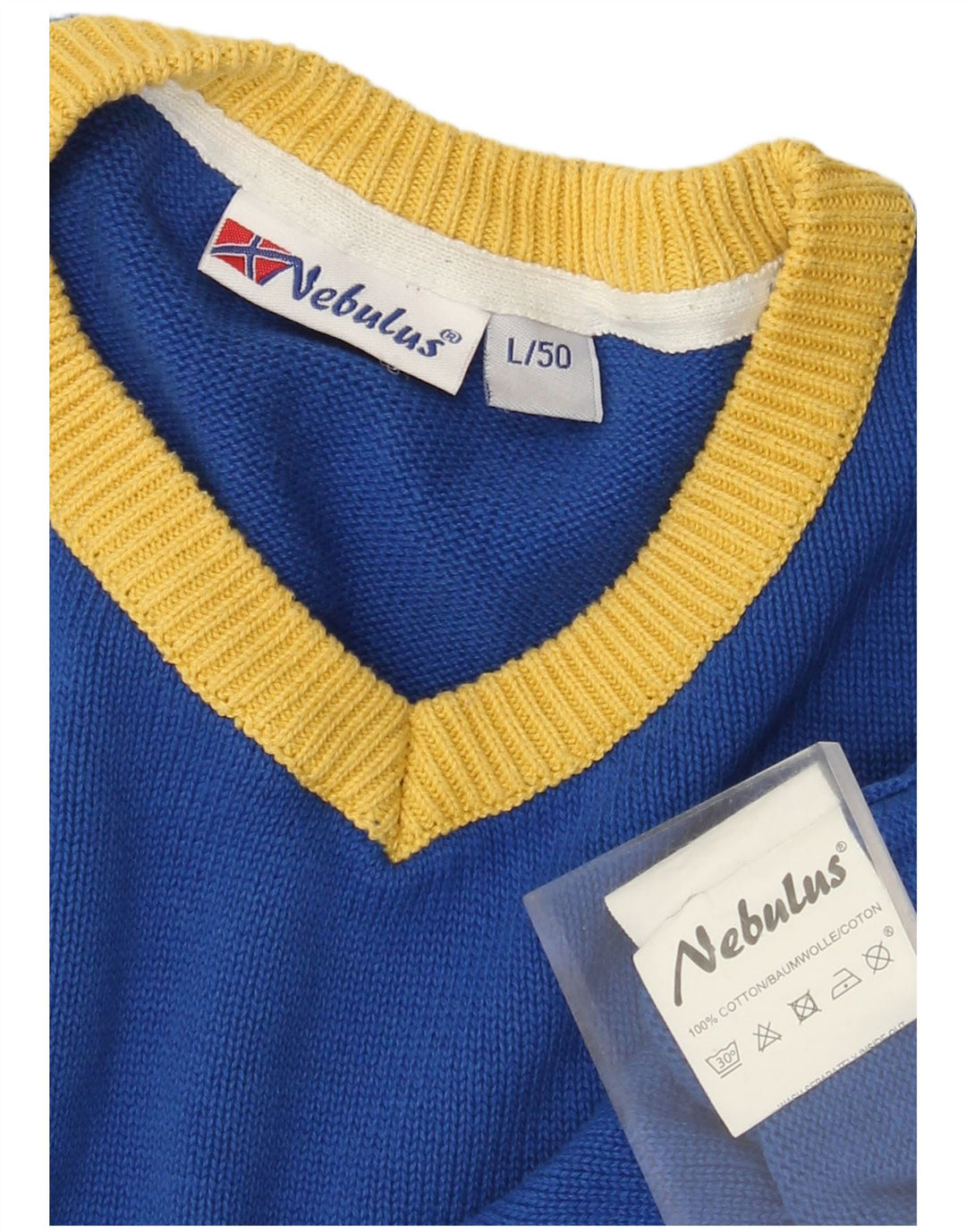 NEBULUS Mens Graphic V-Neck Jumper Sweater Large Blue Cotton