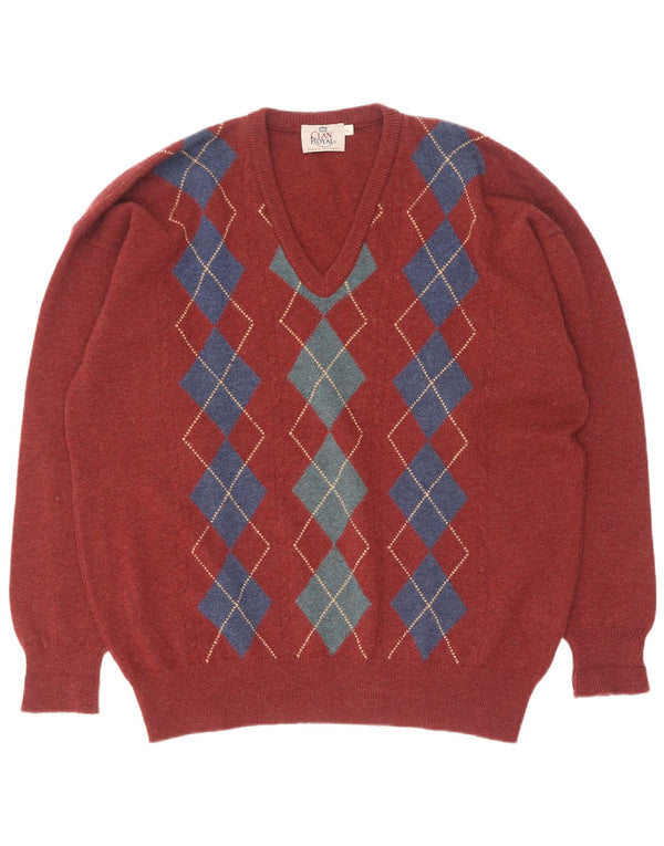 Clan Royal Mens V-Neck Jumper Sweater Large Red Argyle/Diamond Lambswool