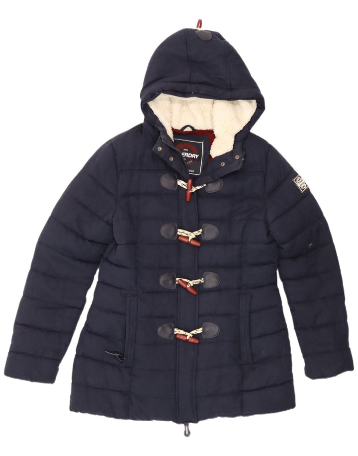 Superdry Womens Hooded Duffle Padded Jacket UK 14 Large Navy Blue Polyester