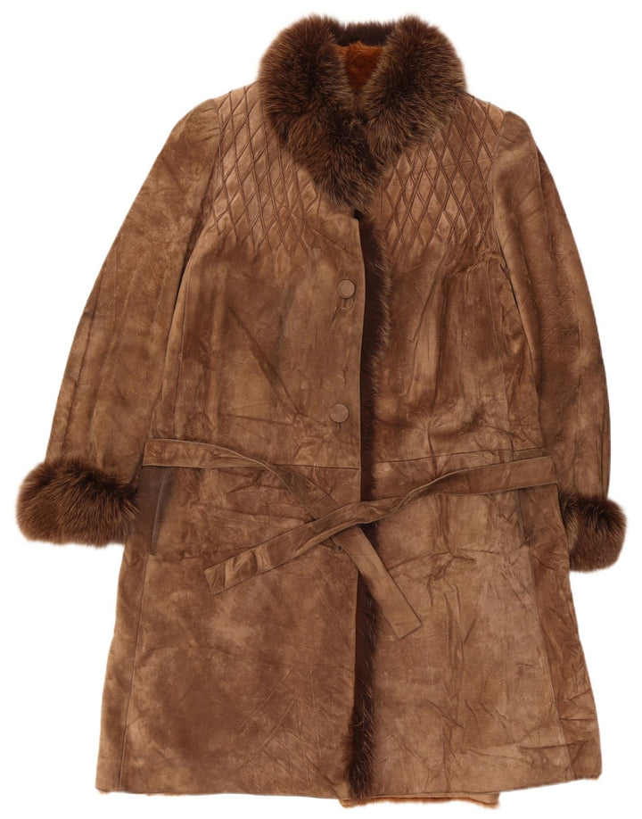 Vintage Womens Sherpa Suede Overcoat UK 14 Medium Brown