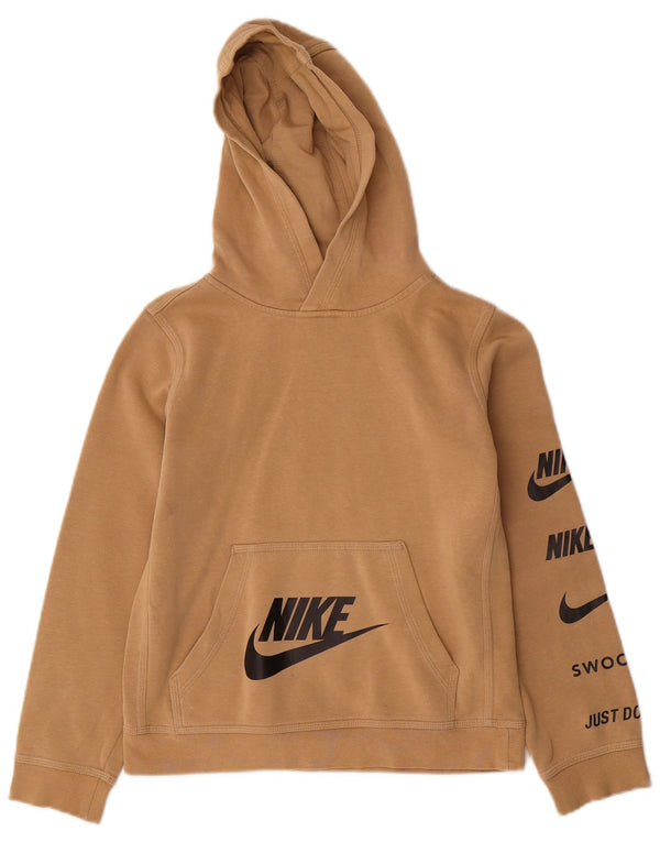 NIKE Boys Graphic Hoodie Jumper 10-11 Years Medium Beige Cotton