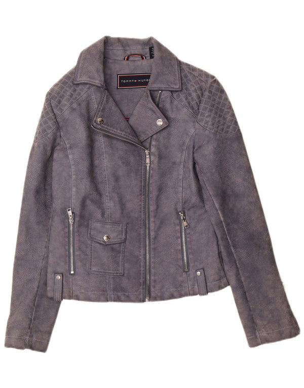 Tommy Hilfiger Womens Faux Leather Biker Jacket UK 10 Small Grey