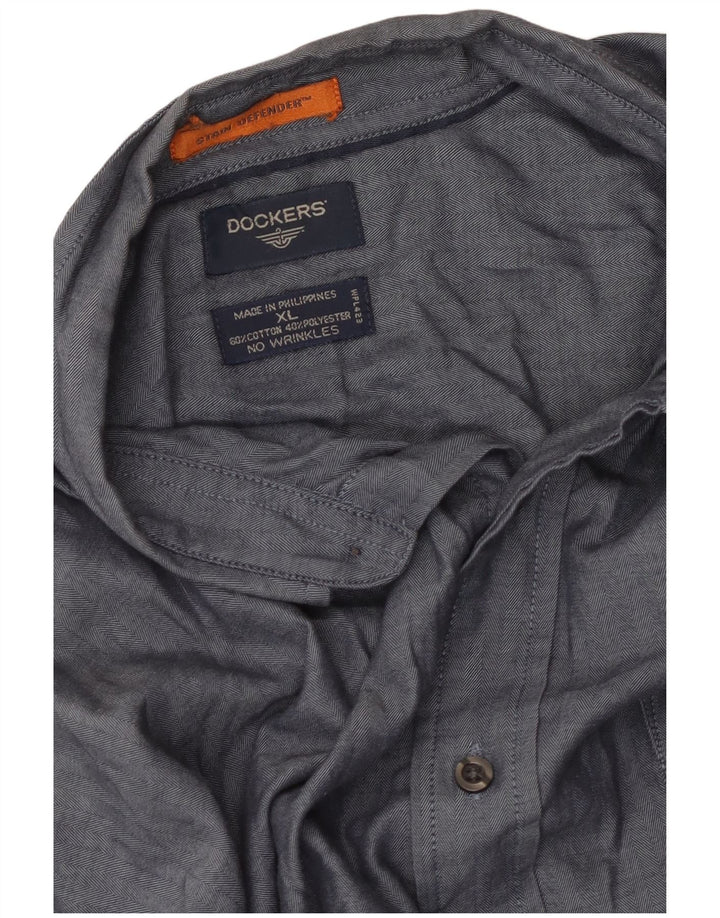 Dockers Mens Stain Defender Shirt XL Blue Herringbone Cotton
