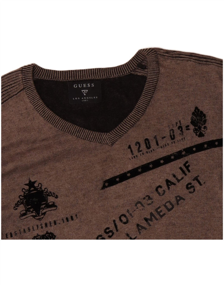 GUESS Mens Graphic V-Neck Jumper Sweater XL Grey