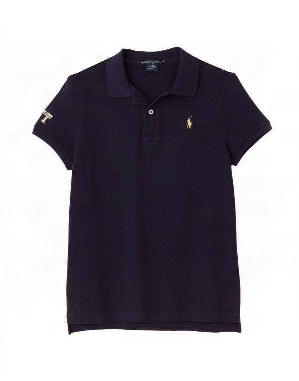 Ralph Lauren Womens Skinny Polo Shirt UK 14 Medium Navy Blue Cotton