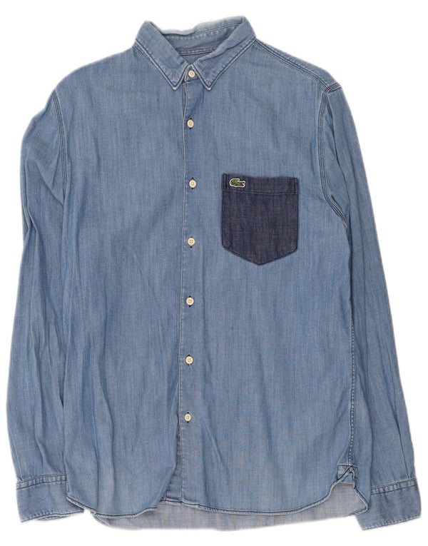 Lacoste Mens Denim Shirt Size 40 Medium Blue Colourblock Cotton