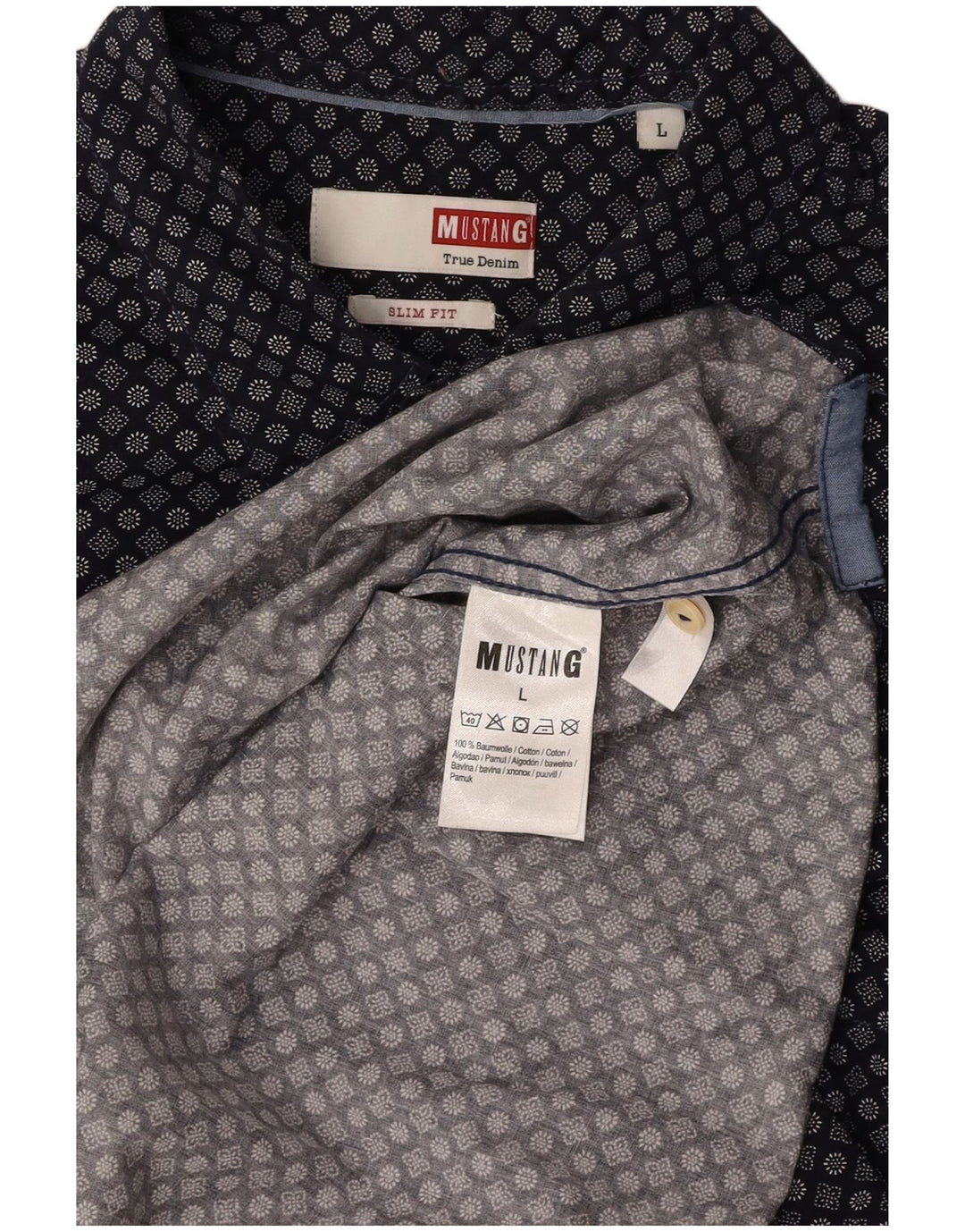 MUSTANG Mens Slim Fit Short Sleeve Shirt Large Navy Blue Floral Cotton