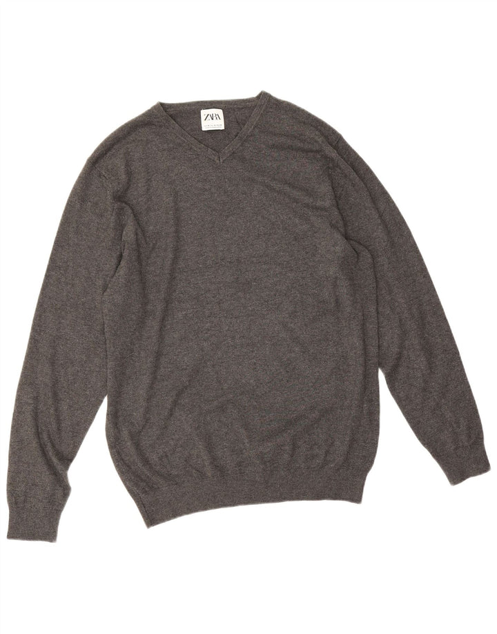 Zara Mens V-Neck Jumper Sweater Medium Grey Viscose