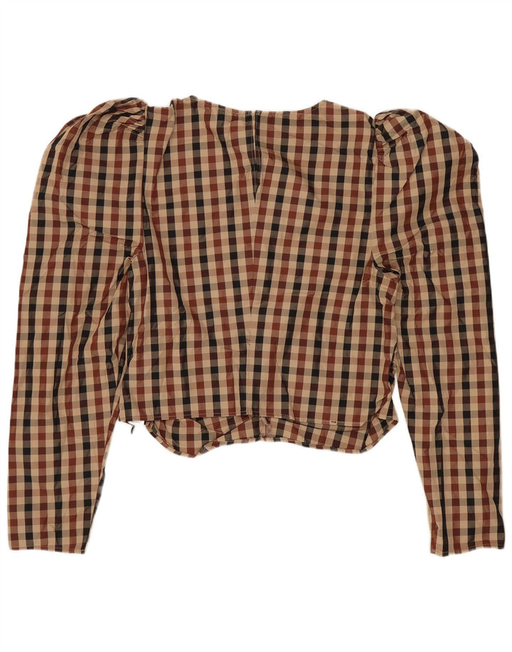 Zara Womens Crop Long Sleeve Blouse Top UK 10 Small Brown Gingham Polyester