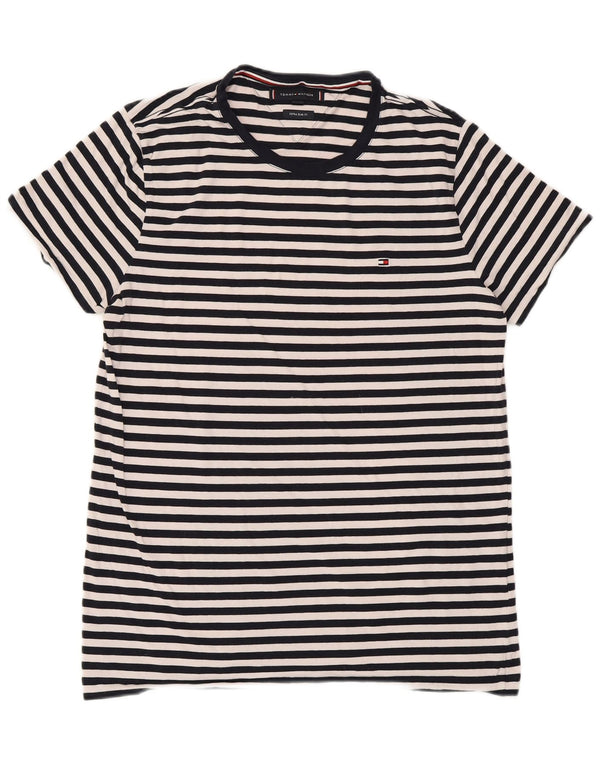 TOMMY HILFIGER Mens Extra Slim T-Shirt Top Large Navy Blue Striped Cotton