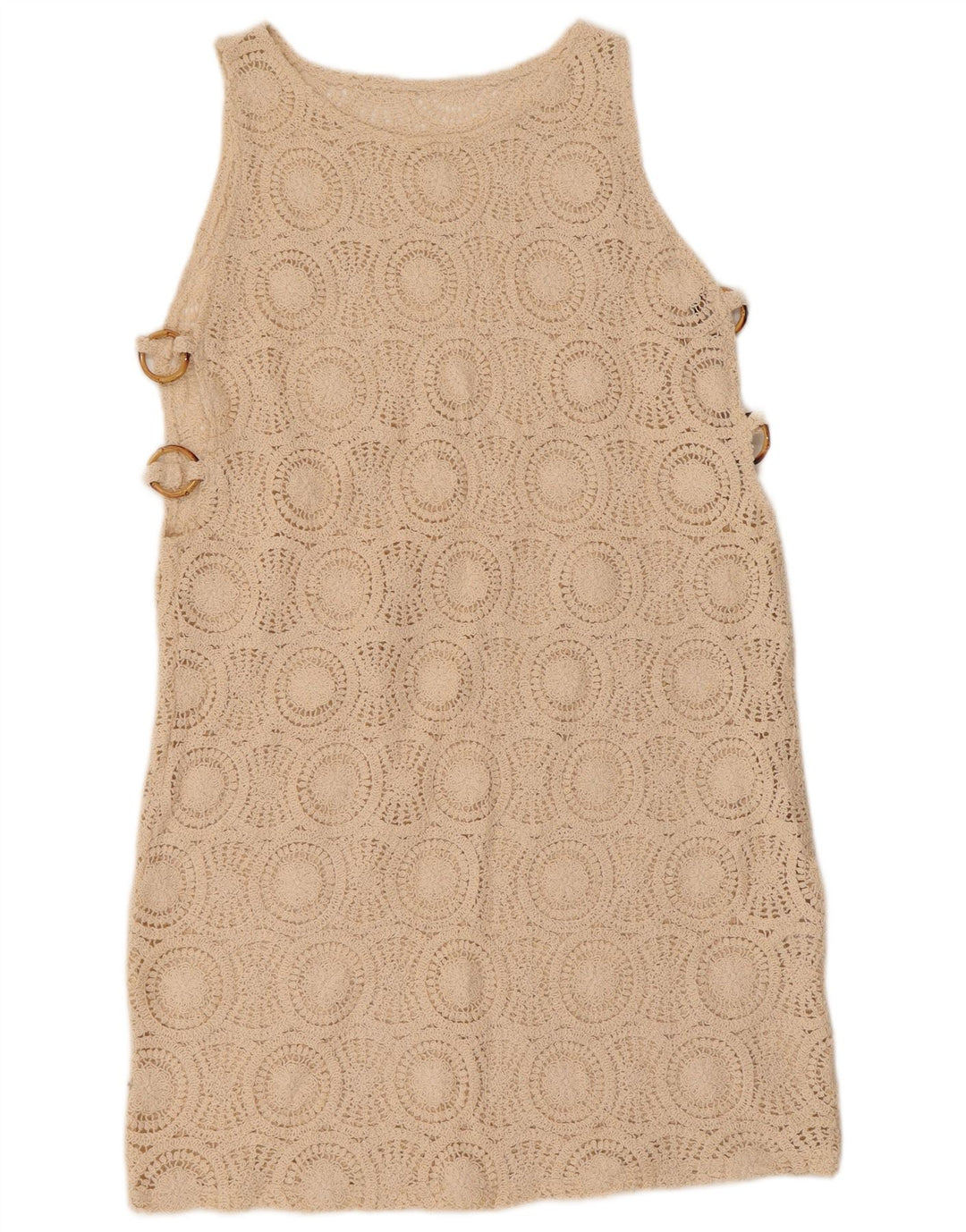 VINTAGE Womens Crochet Sleeveless Shift Dress UK 10 Small Beige Cotton