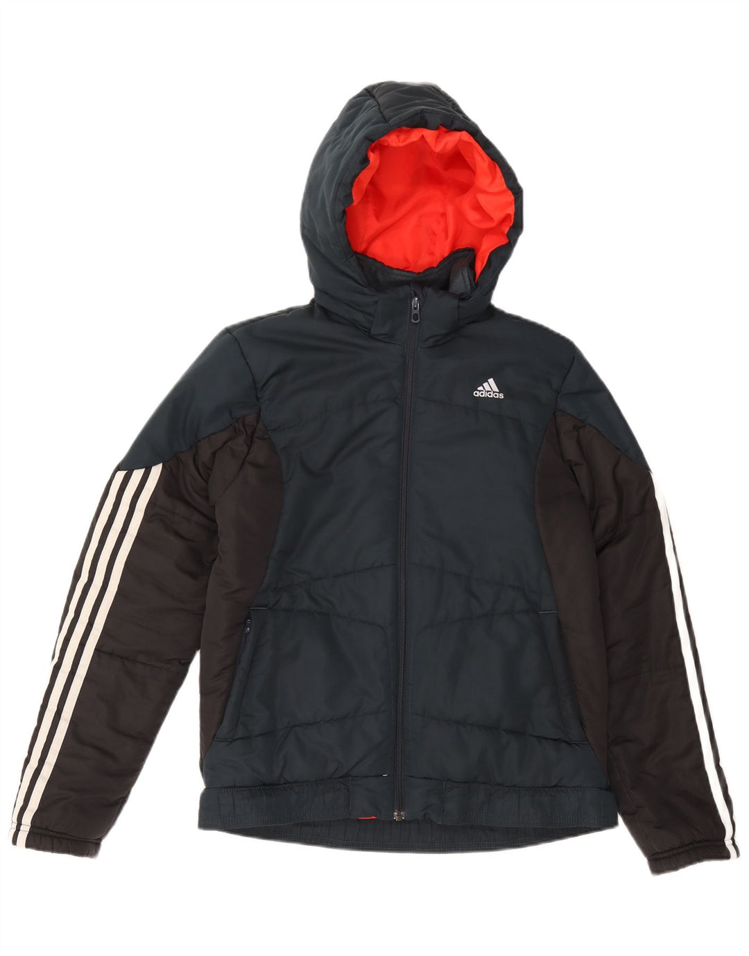 ADIDAS Boys Hooded Padded Jacket 13-14 Years Navy Blue Colourblock