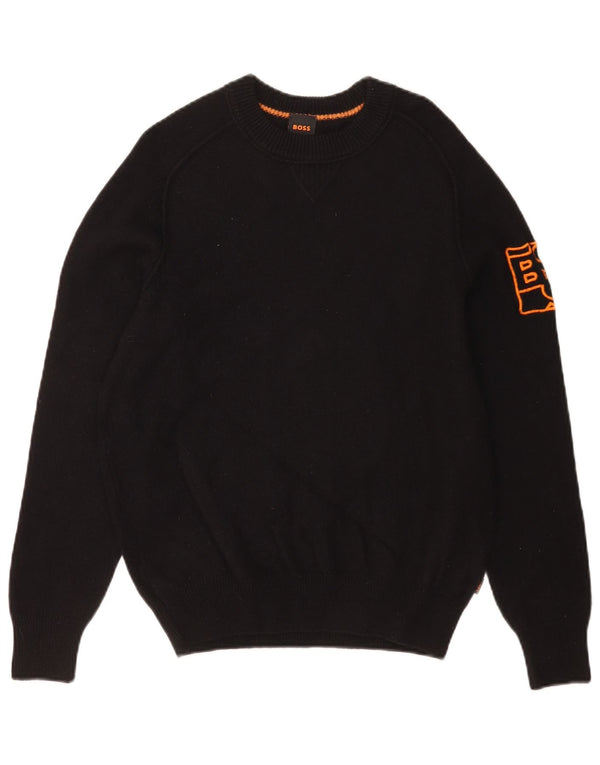 Hugo Boss Mens Graphic Crew Neck Jumper Sweater Medium Black Cotton
