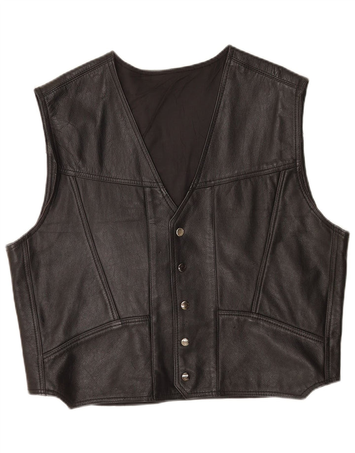 Vintage Mens Leather Waistcoat 2XL Black Leather