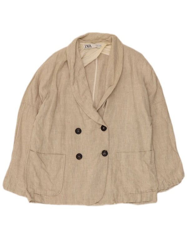 Zara Womens Oversized Double Breasted Blazer Jacket UK 10 Small Beige Linen