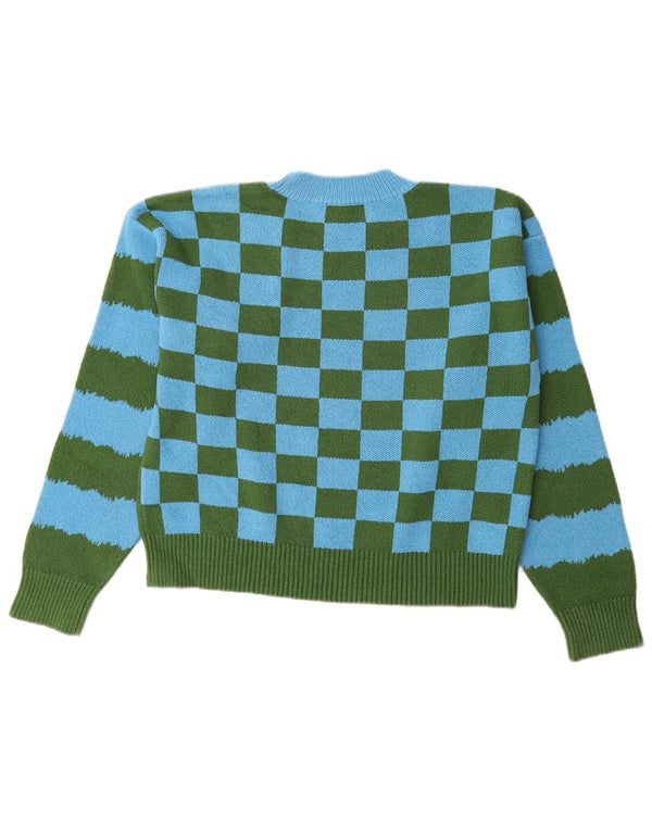 Zara Womens Graphic Crew Neck Jumper Sweater UK 16 Large Green Check Cotton