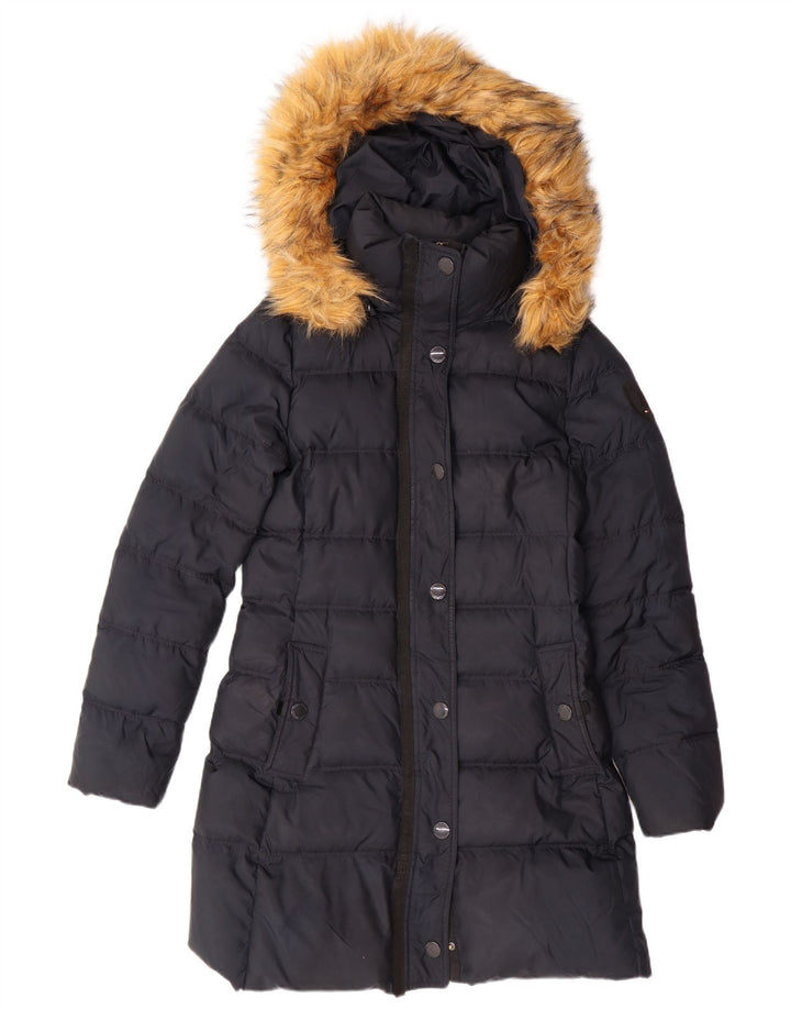 TOMMY HILFIGER Womens Hooded Padded Coat UK 10 Small Navy Blue Polyester