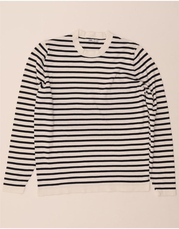 ZARA Mens Top Long Sleeve Small White Striped Cotton