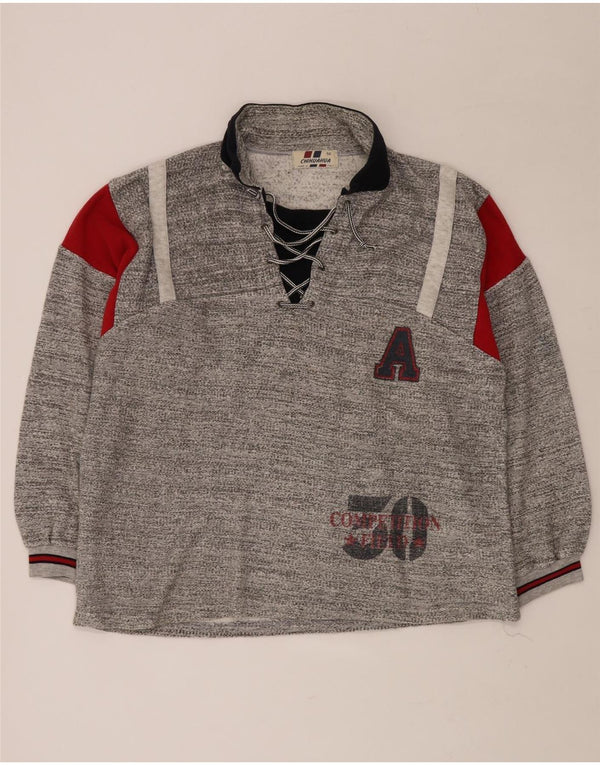 VINTAGE Mens Graphic V-Neck Jumper Sweater IT 50 Medium Grey Colourblock