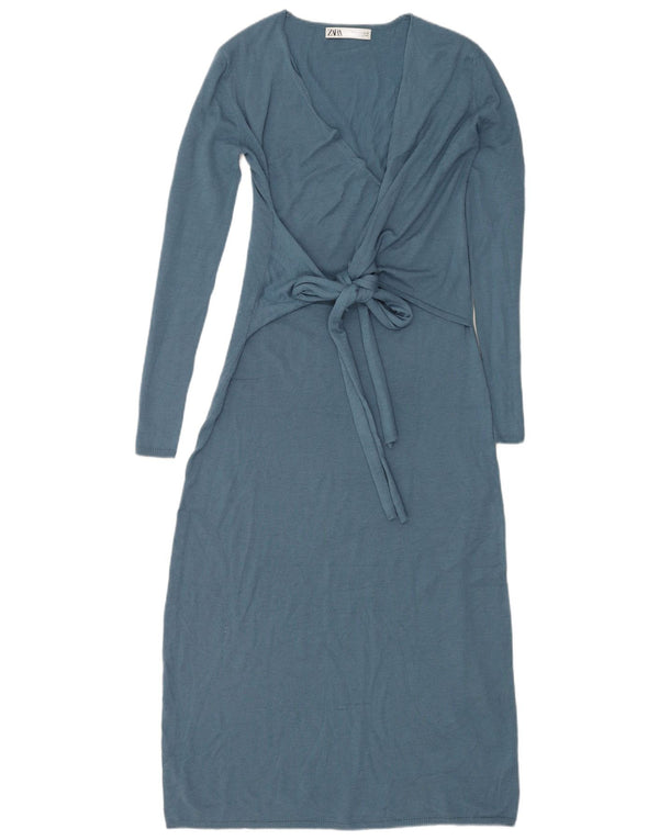 Zara Womens Front Tie Long Sleeve Jumper Dress UK 10 Small Blue Polyester