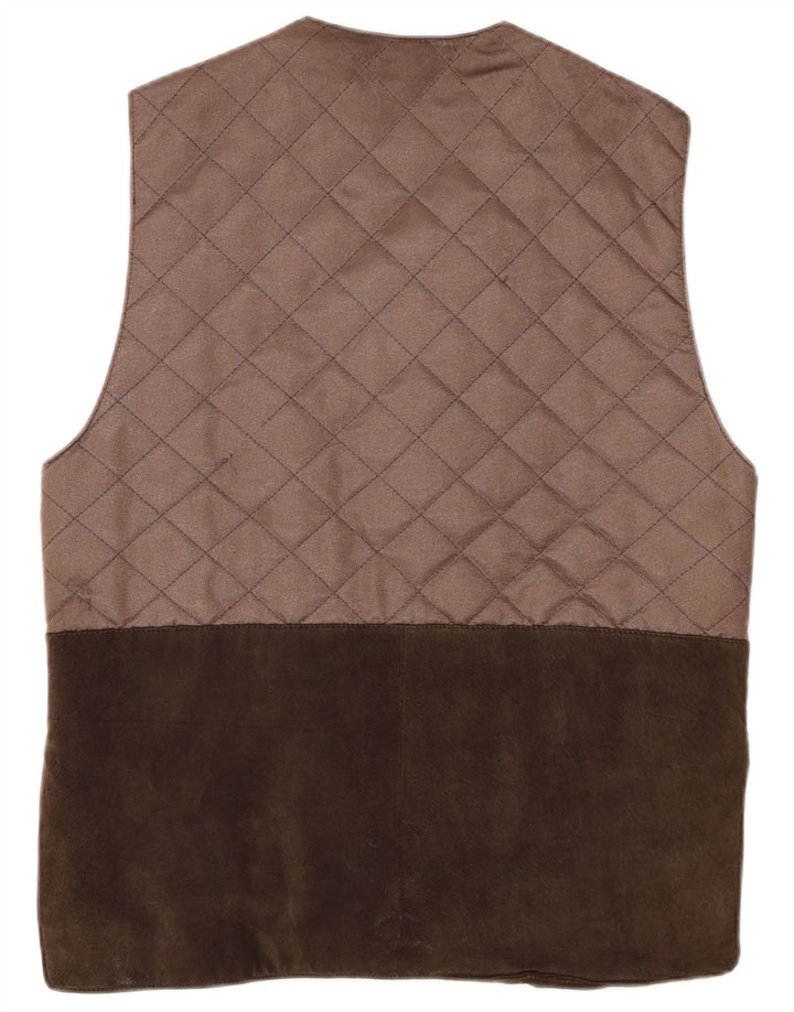 VINTAGE Womens Suede Quilted Gilet UK 14 Large Brown Colourblock Leather