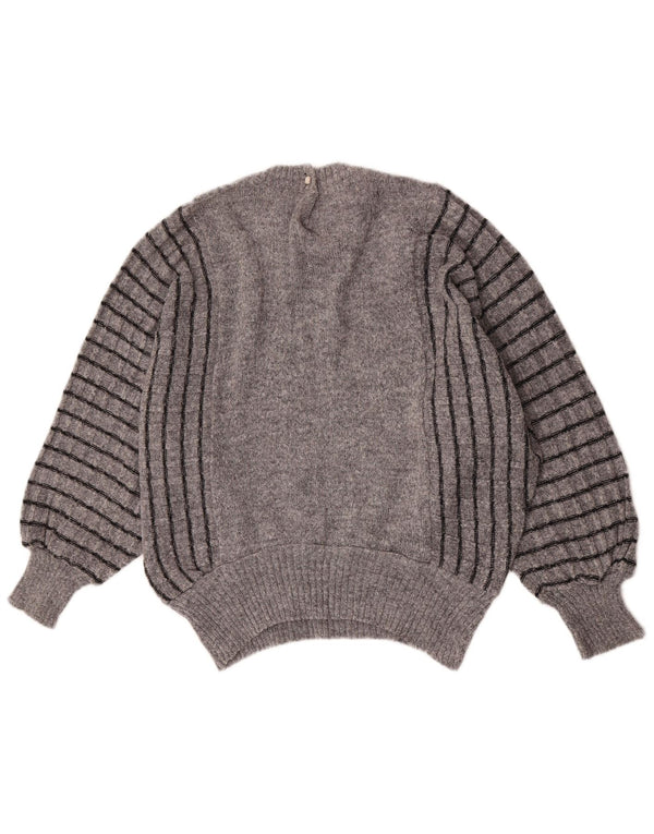 Vintage Womens Crew Neck Jumper Sweater UK 16 Large Grey Striped Acrylic