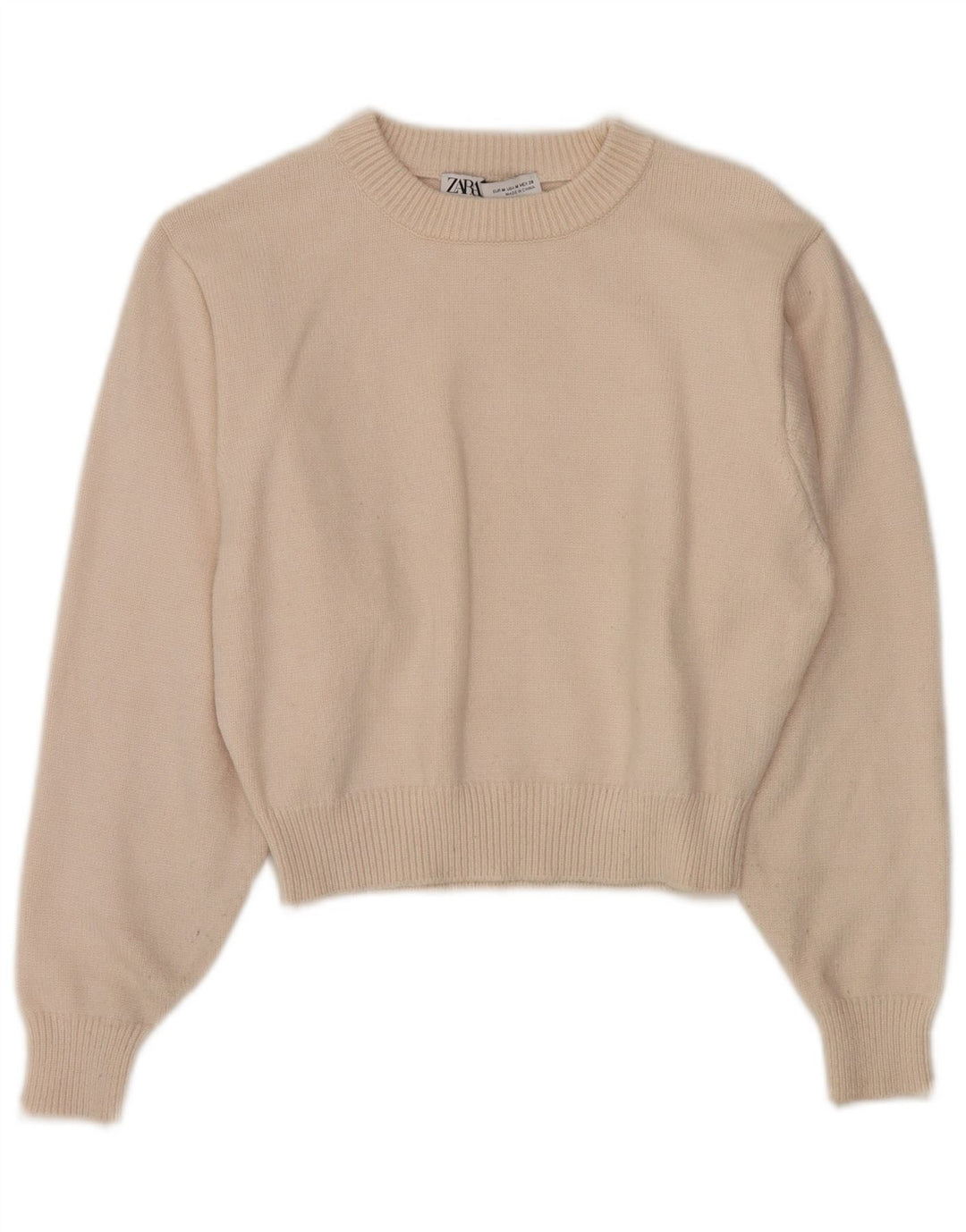 Zara Womens Crop Crew Neck Jumper Sweater UK 12 Medium Off White Viscose